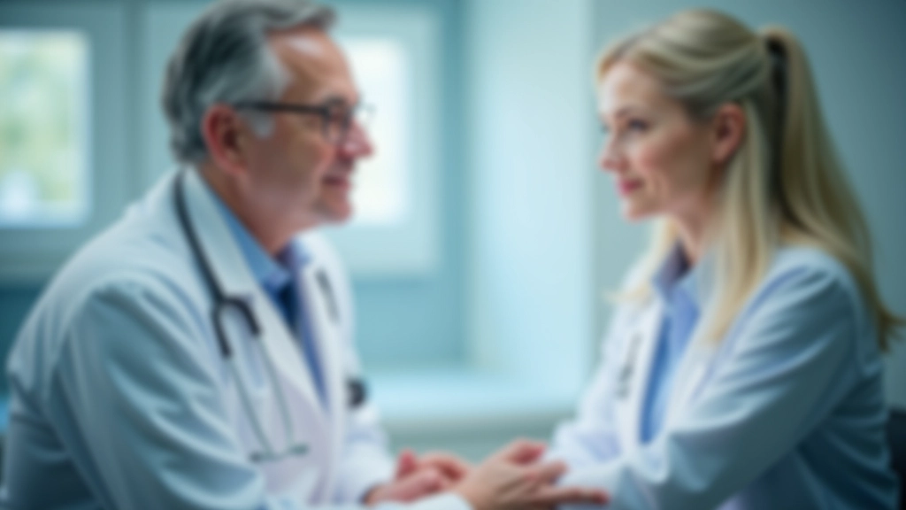 Arzt und Patient in Gespräch, modernes medizinisches Büro mit modernen Geräten im Hintergrund