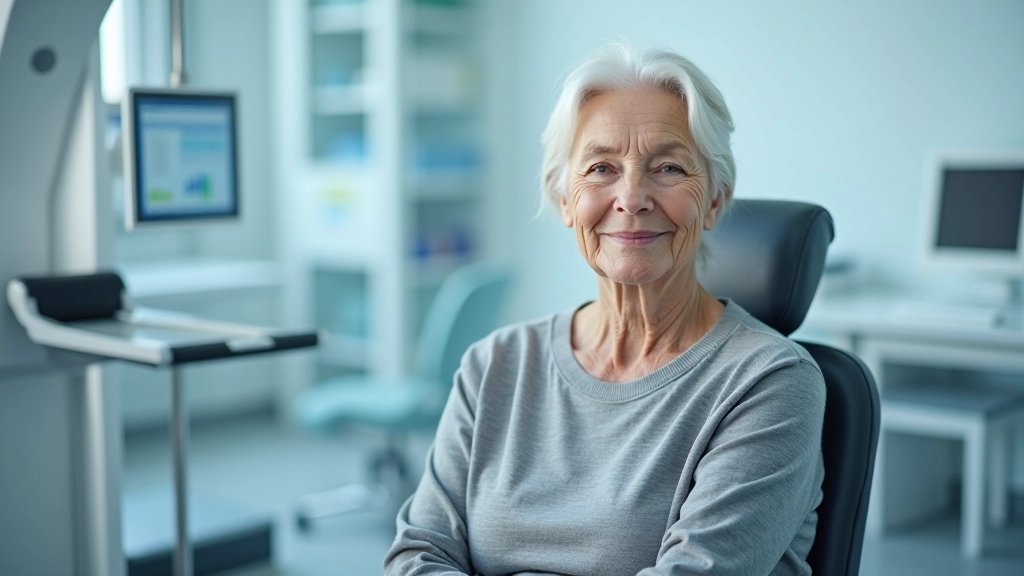 Ältere Patientin bei Facharzt-Untersuchung mit digitalen Geräten und modernem Equipment in der Praxis