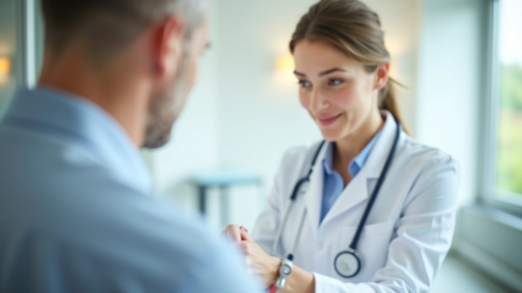 Facharzt mit Stethoskop untersucht Patientin in heller Praxis, moderne medizinische Ausrüstung sichtbar