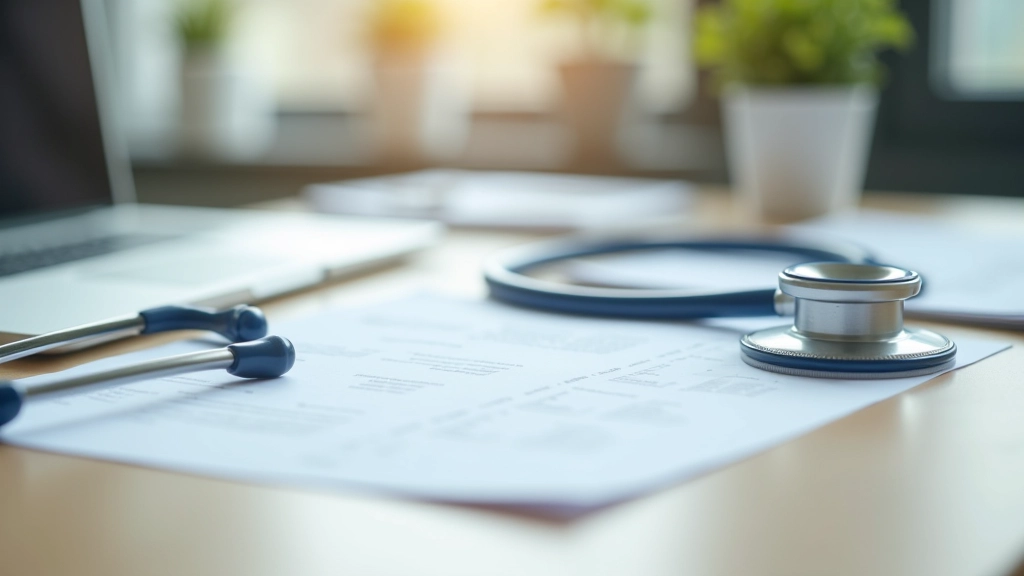 Krankenkassenkarte und Stethoskop auf einem Schreibtisch mit medizinischen Unterlagen