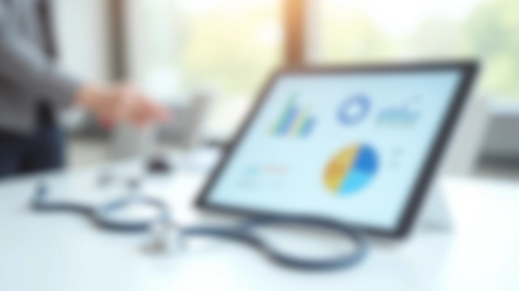 Tablet-Bildschirm mit Gesundheitsdaten und Grafiken, Stethoskop daneben auf hellem Schreibtisch