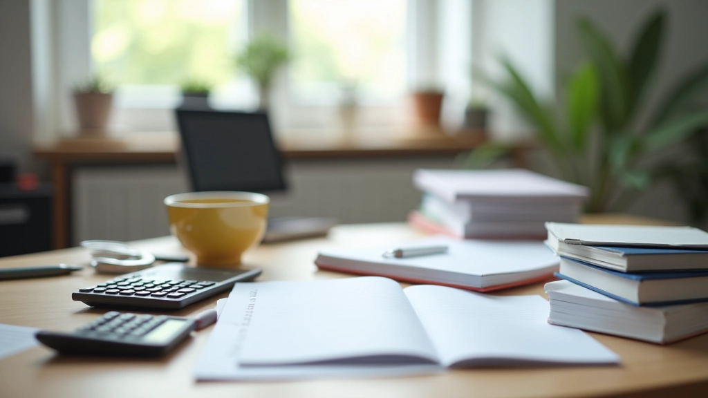 Studentischer Schreibtisch mit Stapeln von Lehrbüchern, Notizen und Taschenrechner bei der Kostenplanung