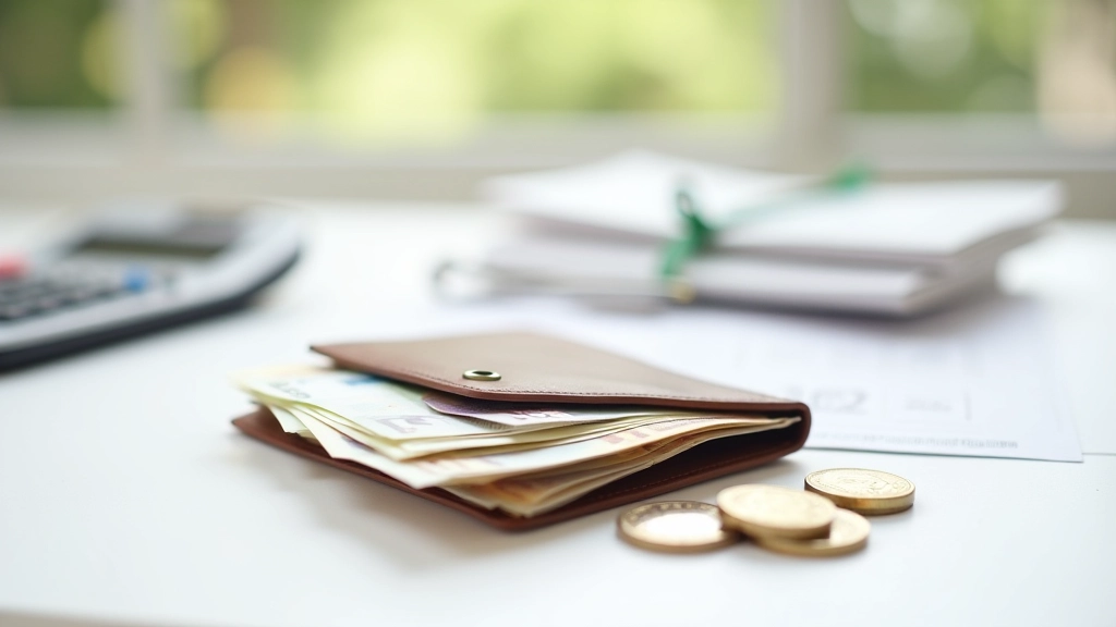 Geldbörse mit Euro-Scheinen und Münzen auf einem Schreibtisch mit Sparplan-Dokumenten