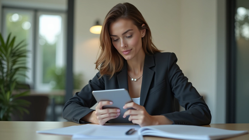 Frau mit Tablet sitzt am Schreibtisch, organisiert medizinische Rechnungen und Versicherungsdokumente