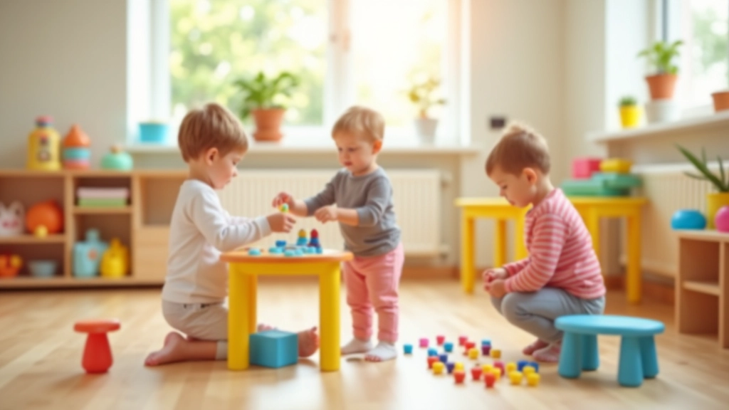 Kinder beim Spielen in moderner Kindertagesstätte mit pädagogischem Material